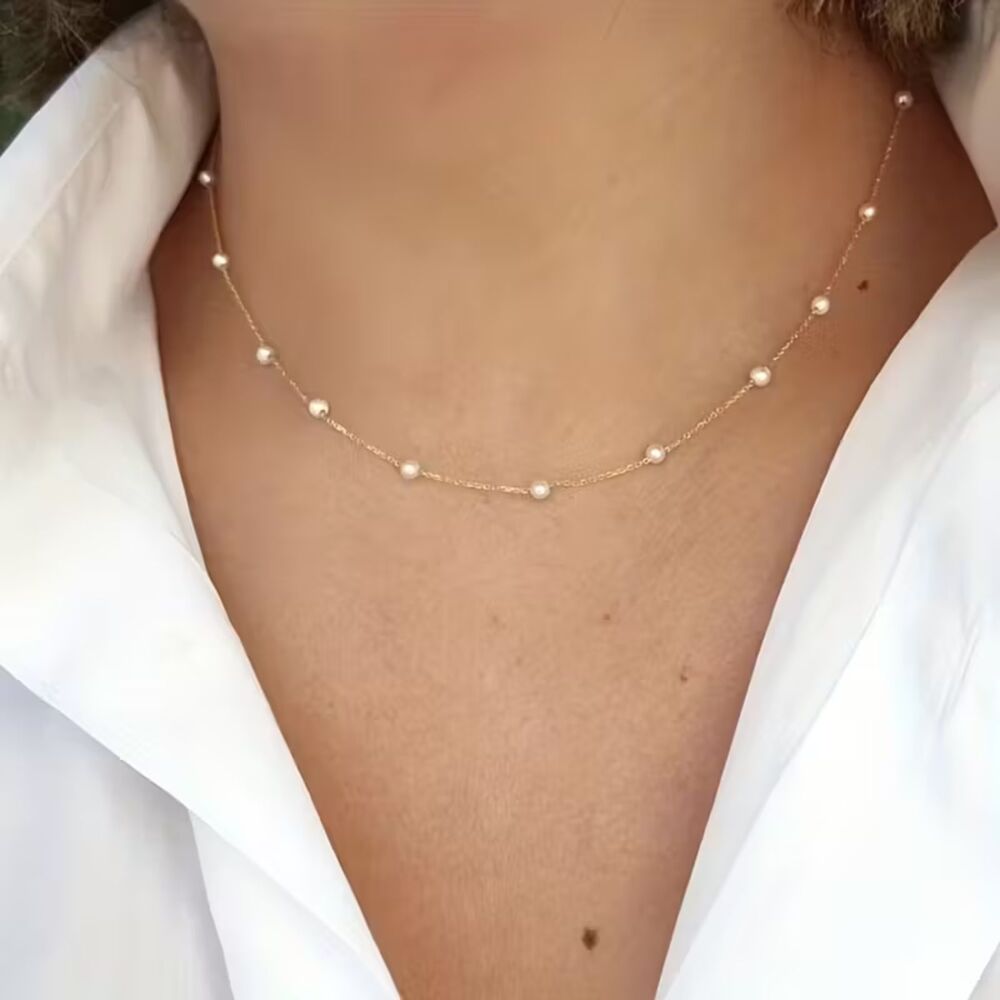 Pearl Beaded Gold Choker Chain Necklace Gemstone Crystal Collar Adjustble Dainty